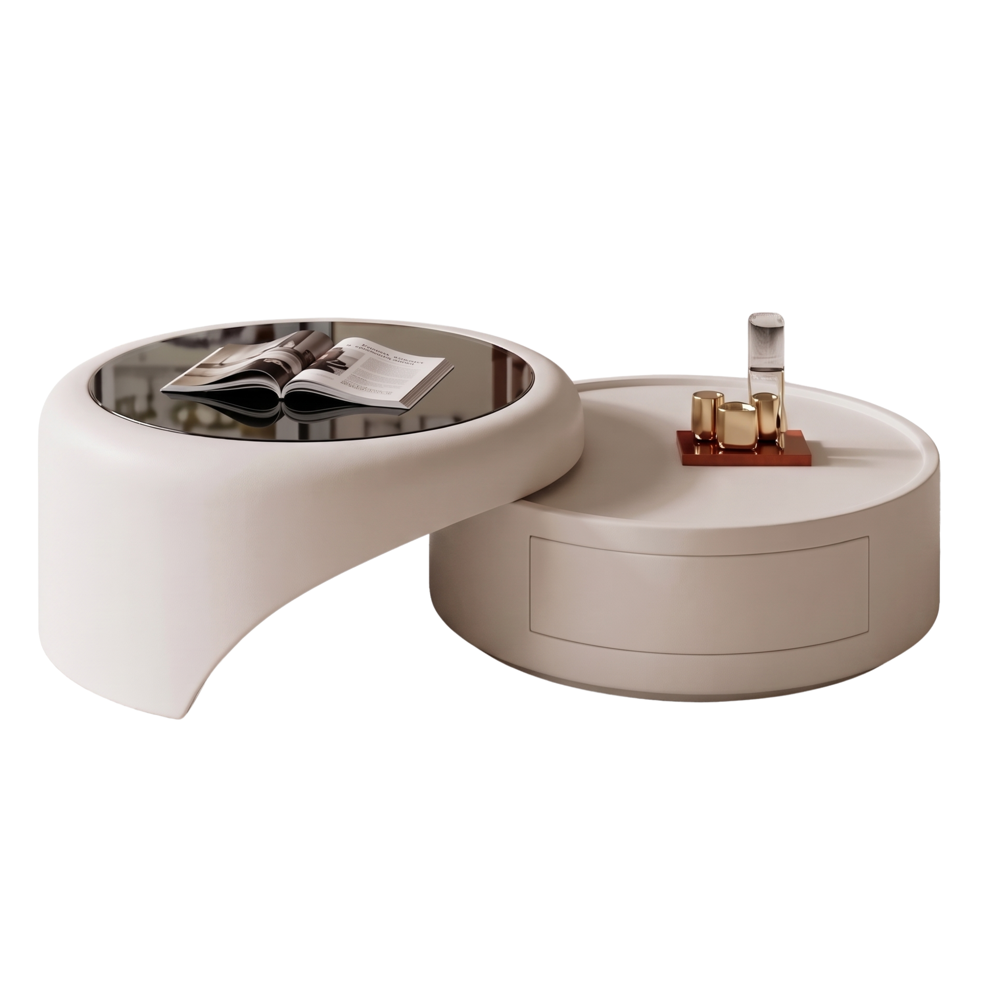 Front view of the Vennra two-piece round coffee table set