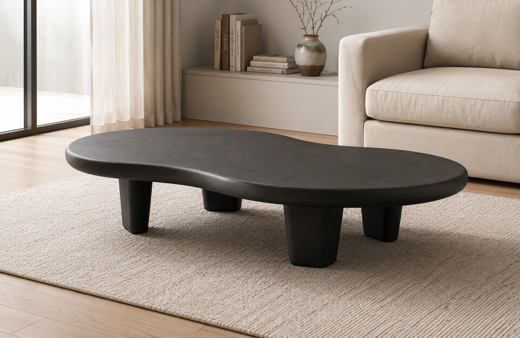 Voidstone sculptural coffee table styled in a dark modern living room